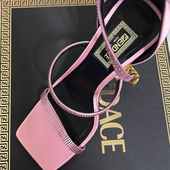 Fendi x Versace Pink Satin Crystal Embellished Ankle Strap Sandals - Picture 8 of 13